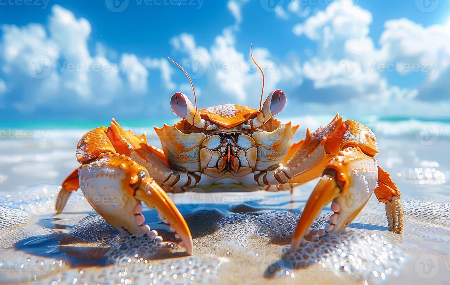 A crab is standing on the beach, looking at the camera. The scene is bright and sunny, with the ocean in the background. The crab appears to be curious and alert, as if it is aware of its surroundings photo