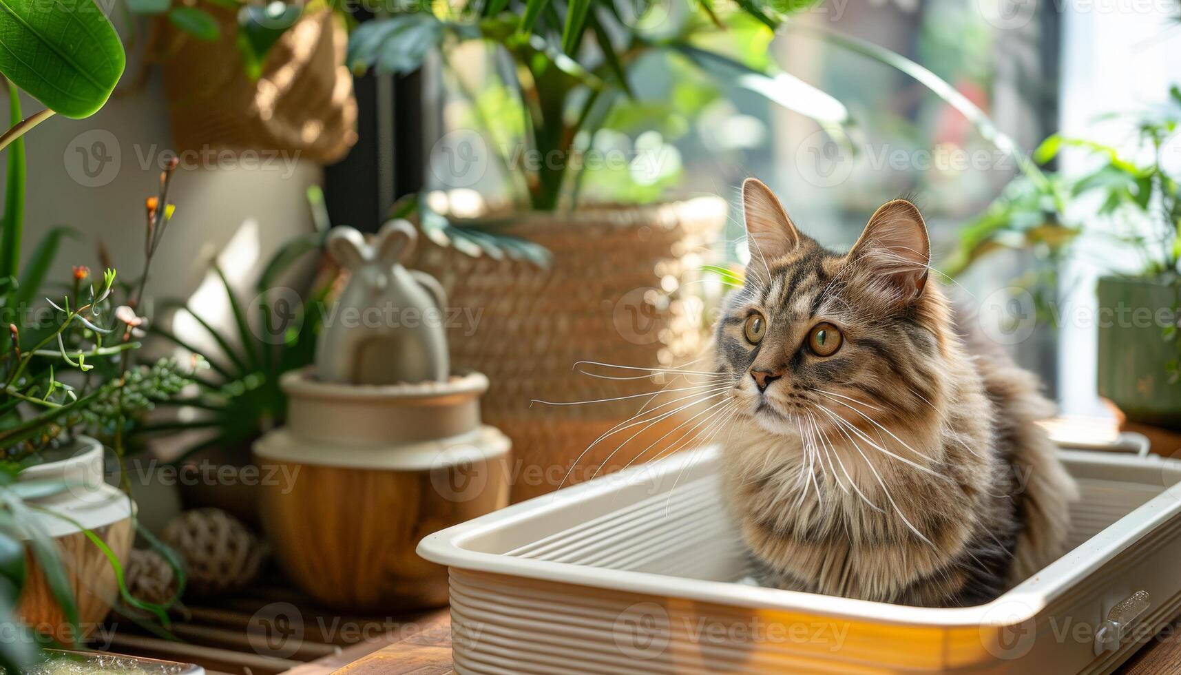 A cat is sitting in a litter box in front of a plant. The cat is looking at the camera with a curious expression. The scene is peaceful and calm, with the cat and plants creating a relaxing atmosphere photo