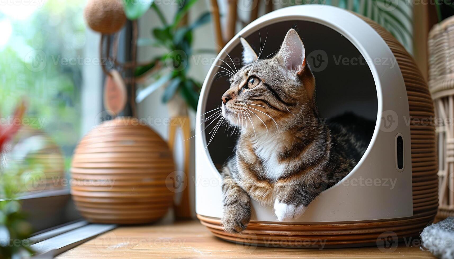 A cat is laying in a cat house with a window behind it photo