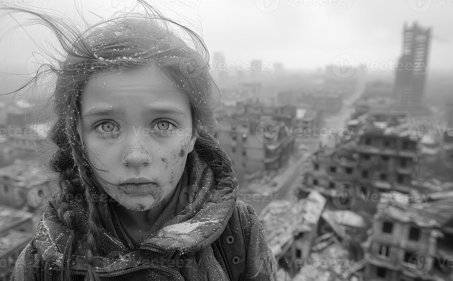 A girl with a black scarf on her face is standing in front of a city. The city is in ruins and the girl appears to be in a state of shock photo
