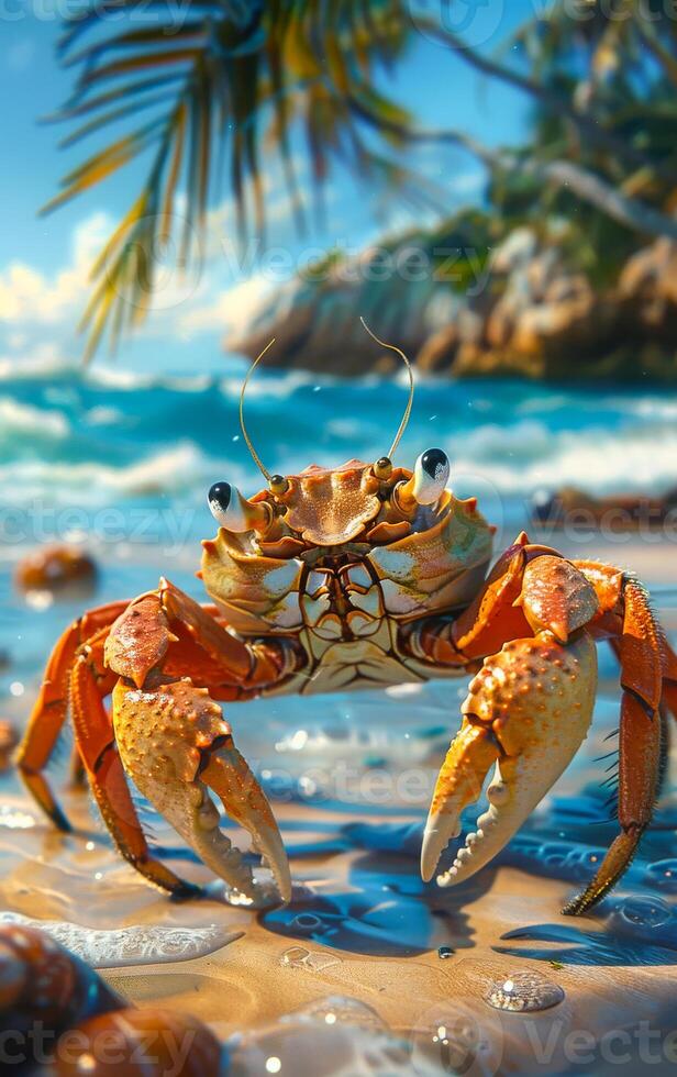 A crab is standing on the beach, looking out at the ocean. The scene is peaceful and serene, with the crab being the main focus of the image photo