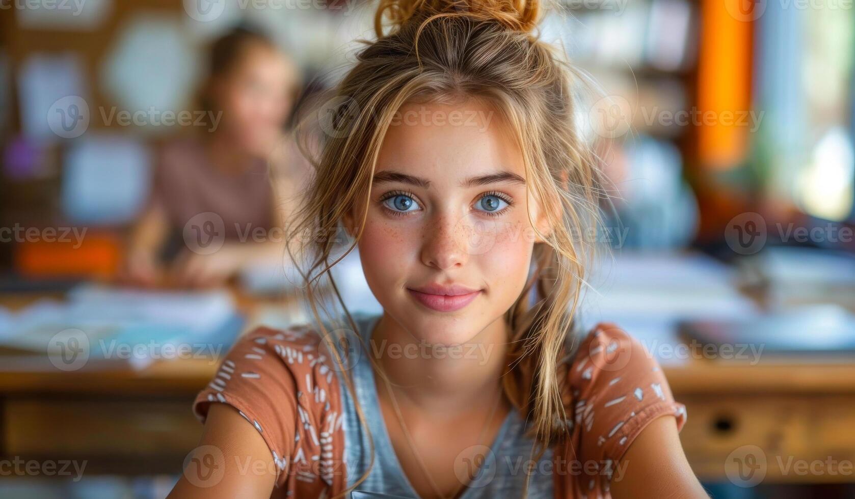 A girl with blue eyes and a messy bun is sitting at a desk. She is smiling and looking at the camera photo