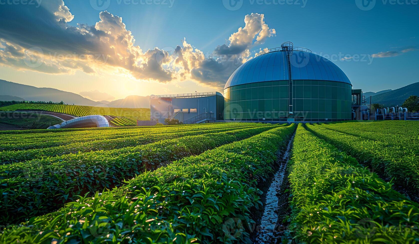 A large green dome sits in a field of green plants. The sun is setting, casting a warm glow over the scene. The dome is surrounded by rows of plants, creating a peaceful and serene atmosphere photo