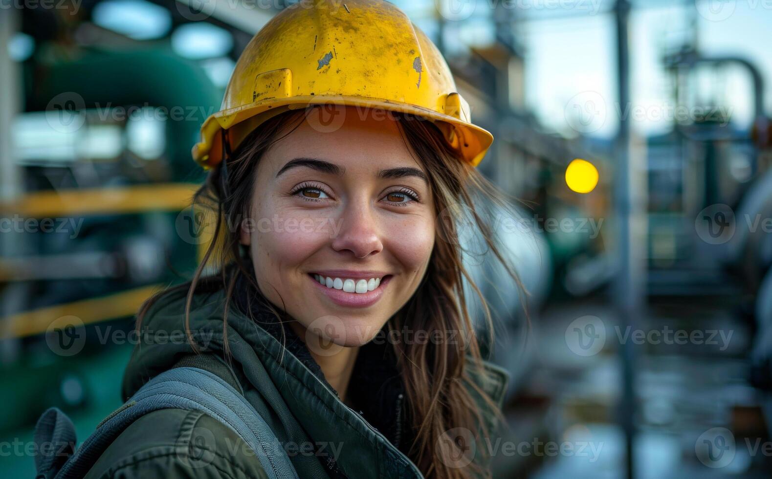 A woman wearing a yellow hard hat and smiling. She is wearing a green jacket and a black hat photo