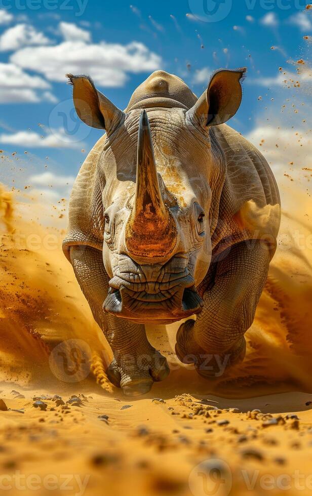 A rhino is running through the desert, kicking up sand and dust. The scene is dynamic and full of energy, with the rhino's powerful movements creating a sense of motion and excitement photo