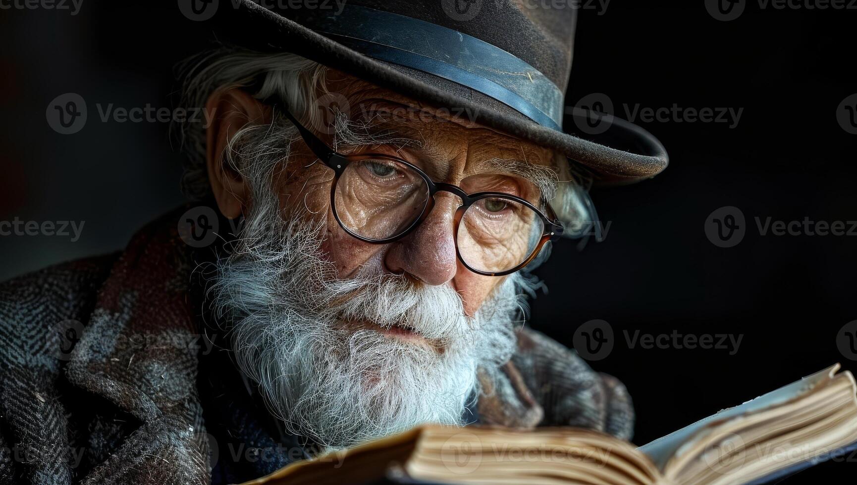 An old man with a hat and glasses is reading a book. He has a beard and a mustache photo