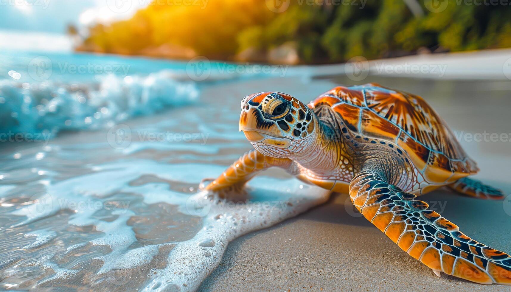 A baby turtle is laying on the beach, looking out at the ocean. The scene is peaceful and serene, with the turtle being the main focus of the image photo