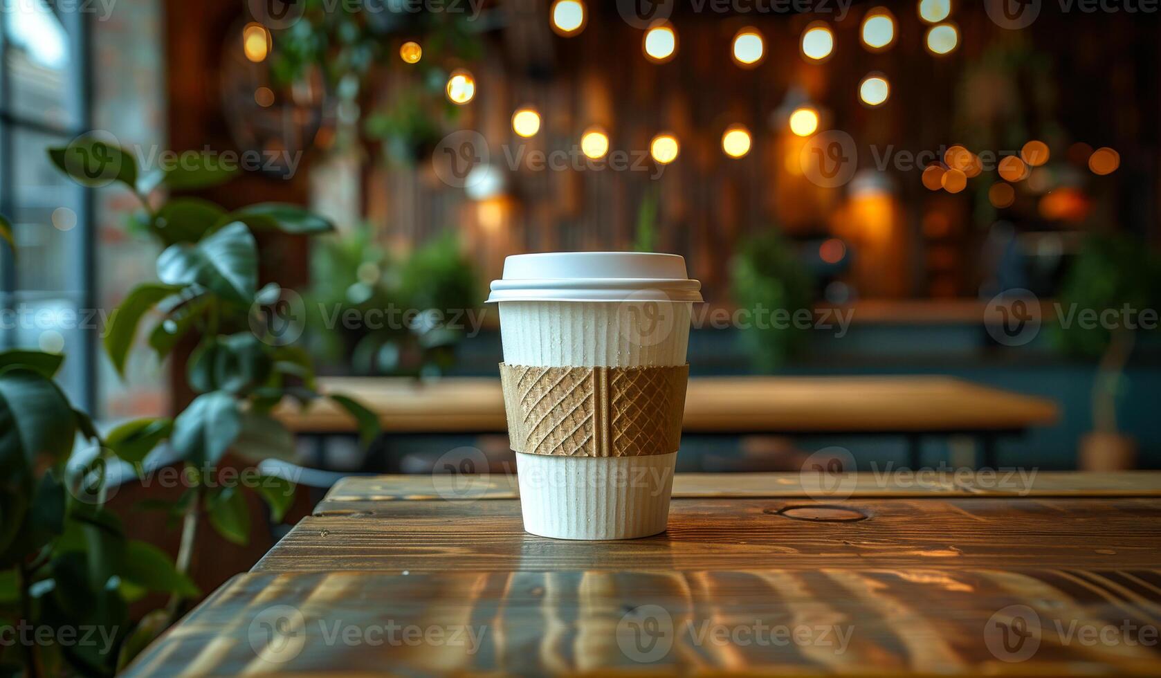 A white coffee cup with a brown handle sits on a wooden table. The cup is covered with a paper sleeve and has a lid on top. The scene takes place in a cafe with a few potted plants in the background photo