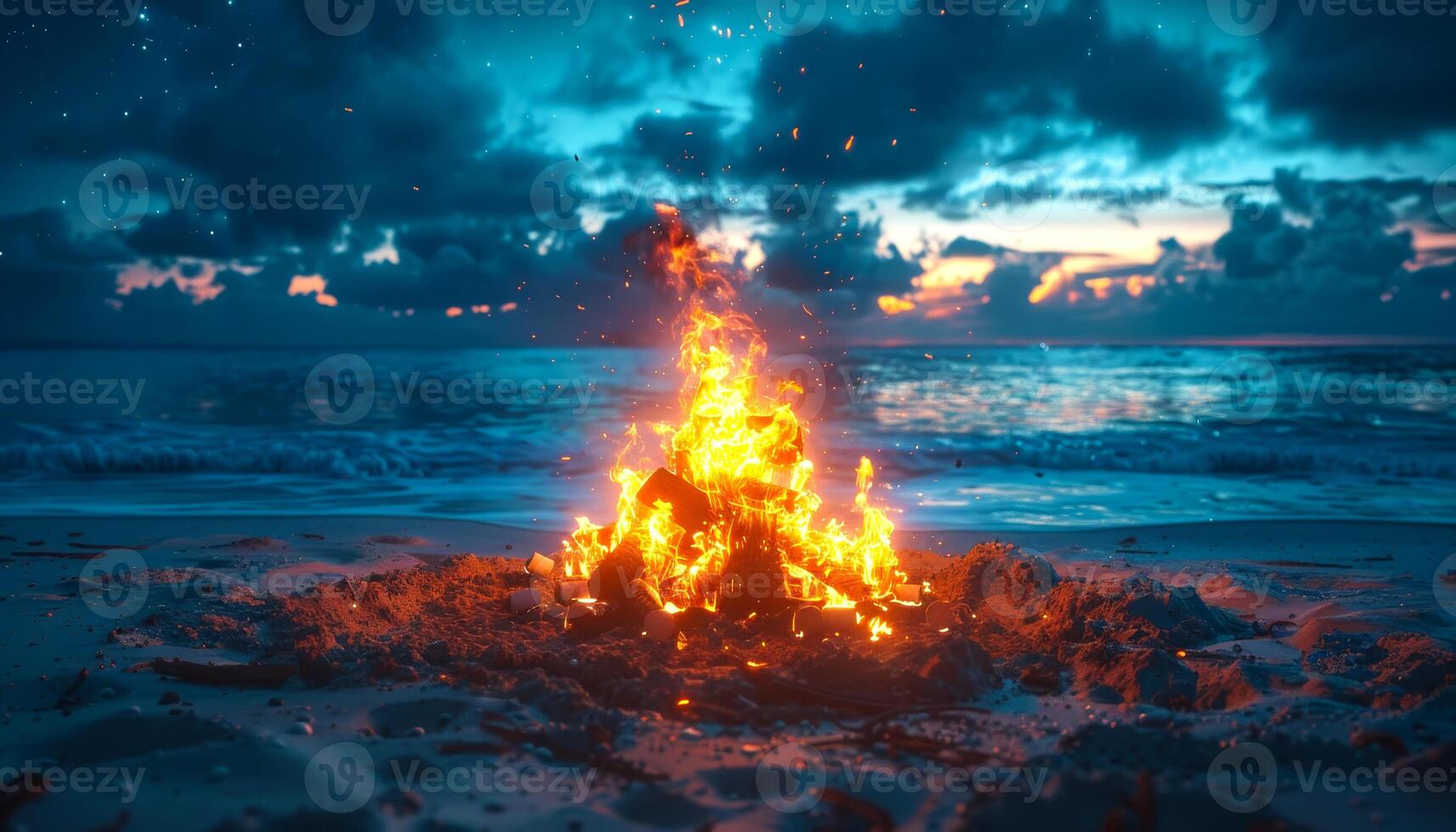 A fire is burning on a beach at night. The sky is cloudy and the water is calm photo
