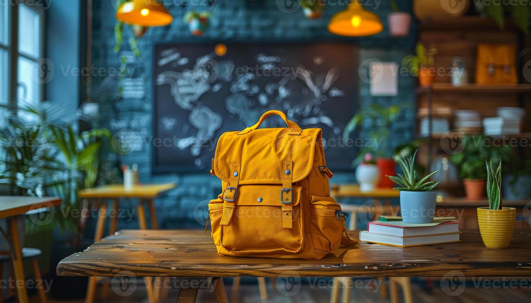 A yellow backpack sits on a wooden table in a room with a chalkboard on the wall. The backpack is placed in front of a potted plant and a few books. The room has a cozy and welcoming atmosphere photo