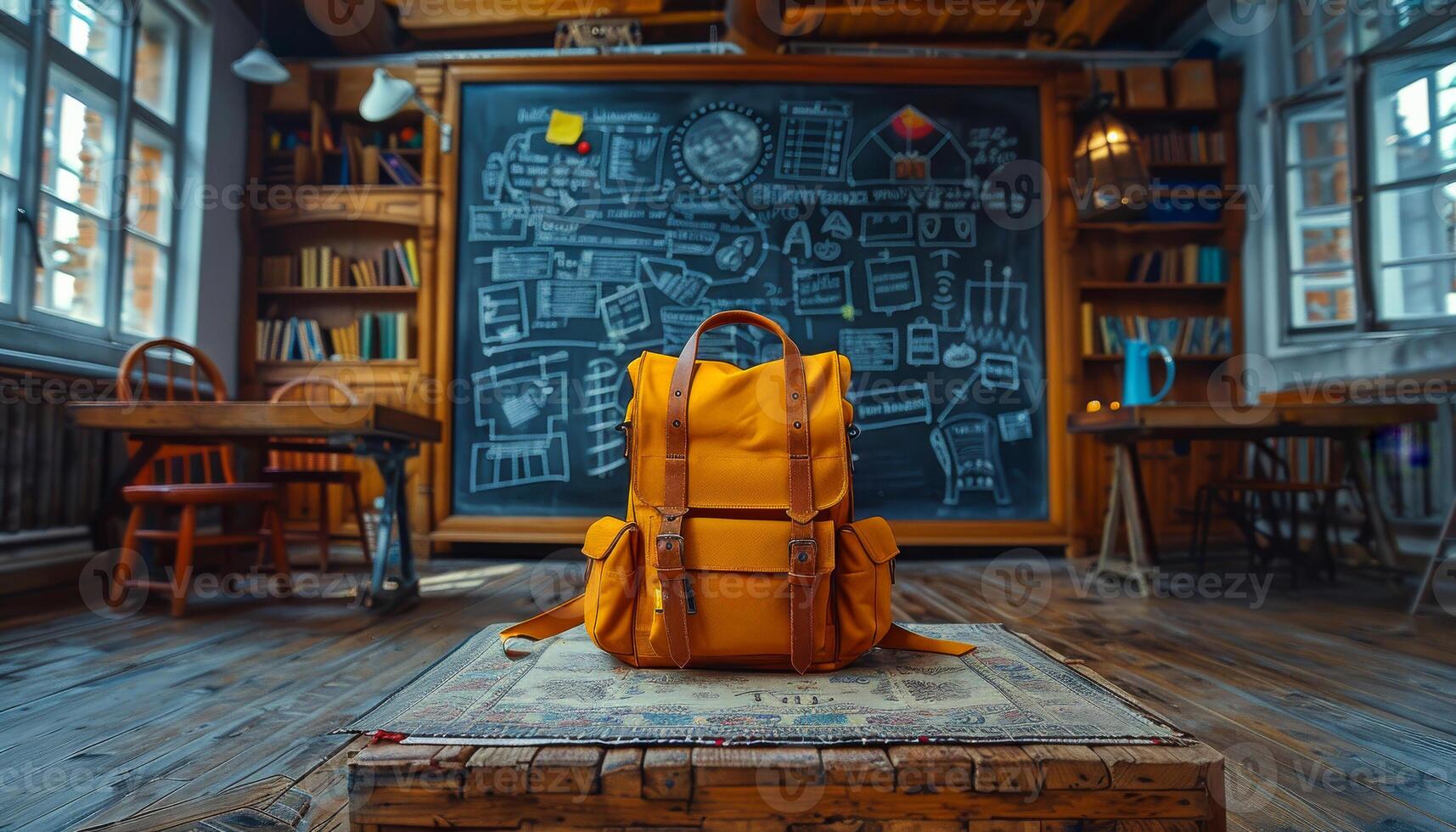 A yellow backpack sits on a rug in front of a chalkboard. The backpack is placed on a wooden table in a room with a chalkboard on the wall. The room is filled with books and has a cozy photo