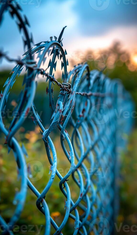 A blue chain link fence with barbed wire on top. The fence is rusted and has a worn appearance photo