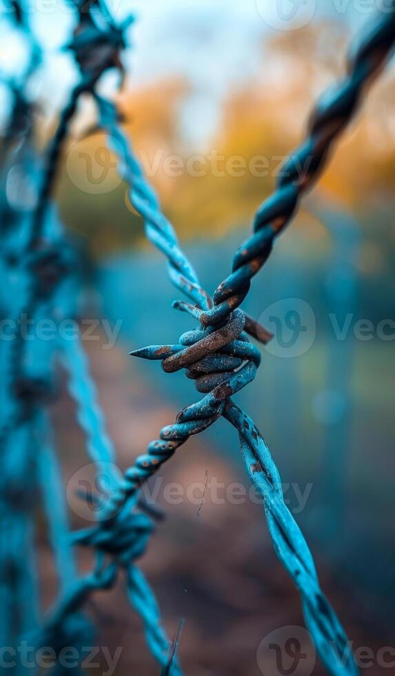A close up of a wire fence with a twisted wire. The wire is rusted and has a few sharp points. The fence is blue and the sky is blue. Scene is somewhat melancholic and lonely photo