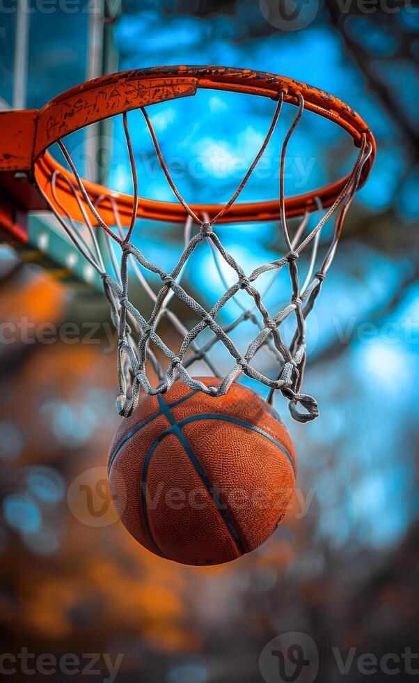 A basketball is suspended in the air above a basketball net. The ball is in the middle of the net and is surrounded by the net's strings photo