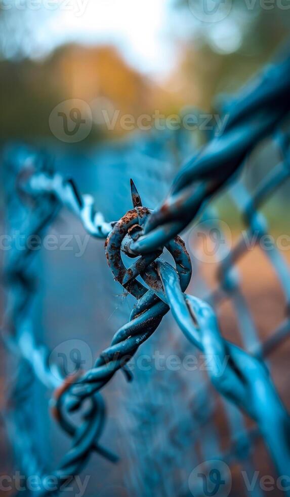 A close up of a chain link fence with a blue wire. The wire is twisted and bent, and has a few rusty spikes. The fence is surrounded by a field, and the sky is cloudy photo