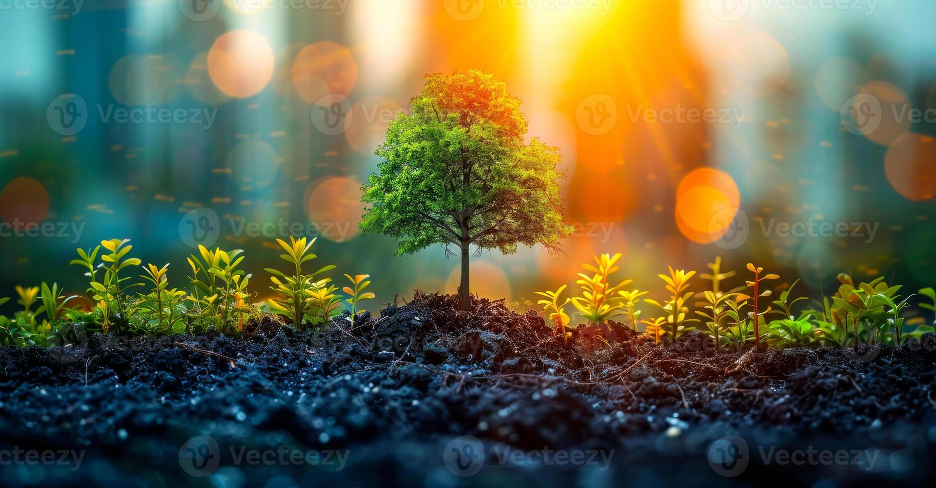 A tree is growing in a field of dirt. The tree is surrounded by other plants and the sky is in the background photo