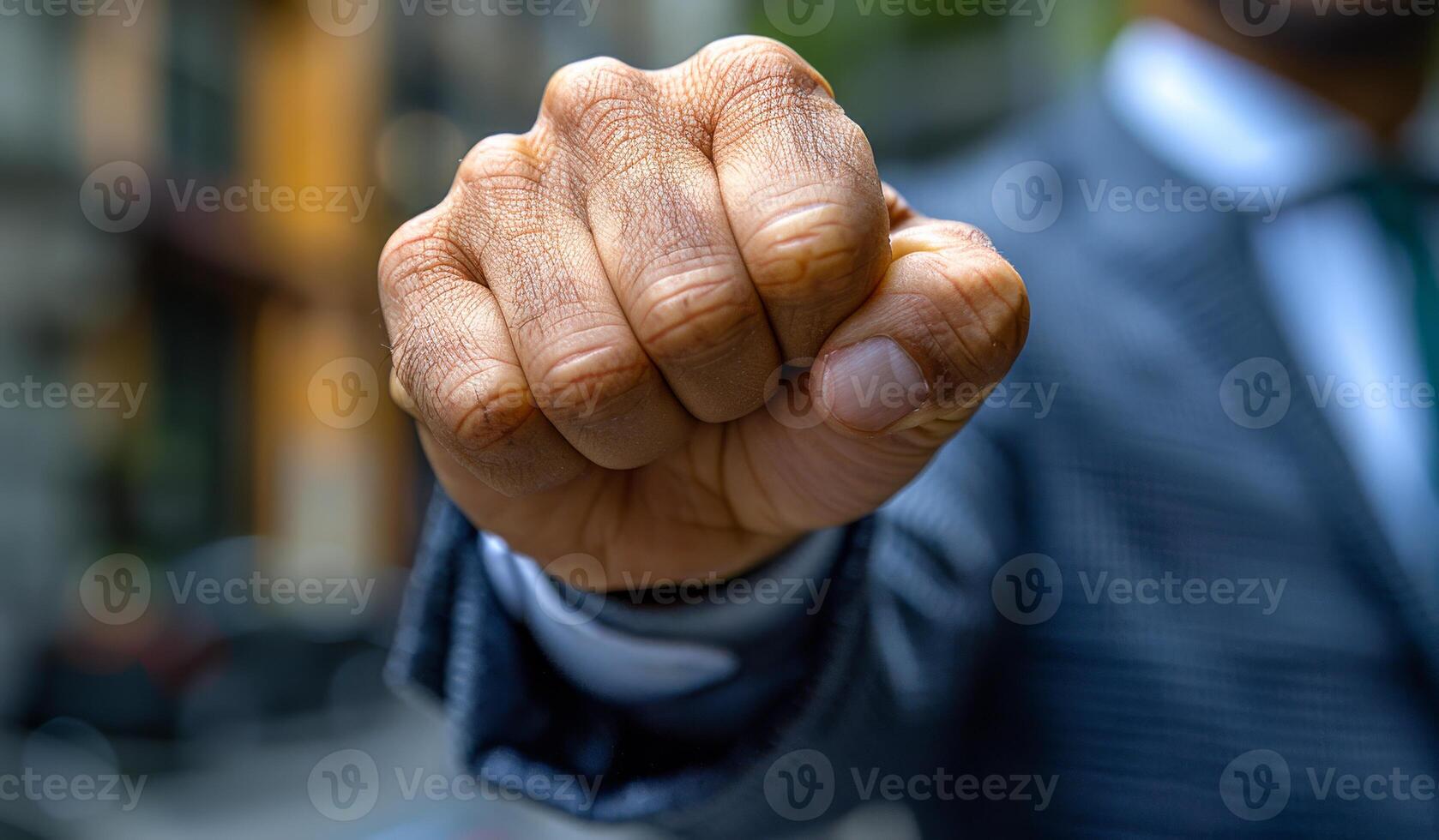 A man in a suit is making a fist. Concept of power and determination photo