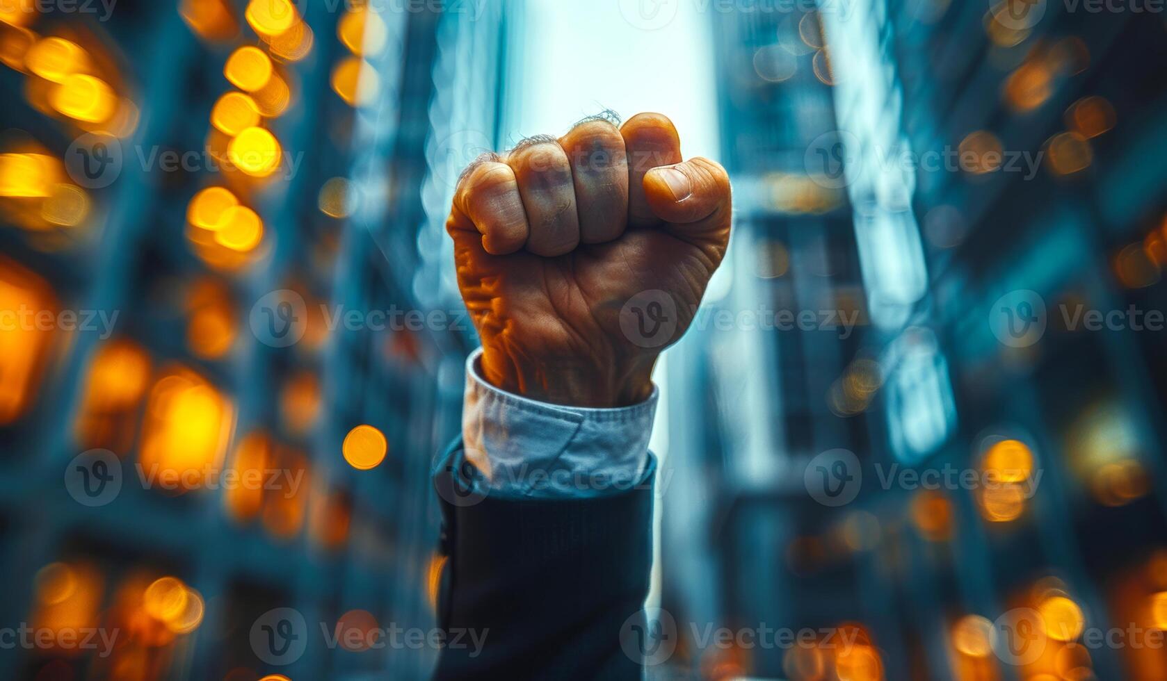 A man is holding his fist up in the air with a bright city skyline in the background. Concept of triumph and accomplishment, as if the man has just achieved something great photo