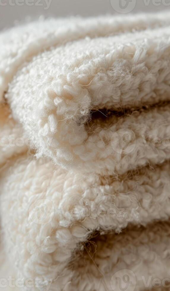 A white blanket with a lot of texture and a fuzzy appearance. The blanket is piled on top of itself, creating a cozy and warm atmosphere photo