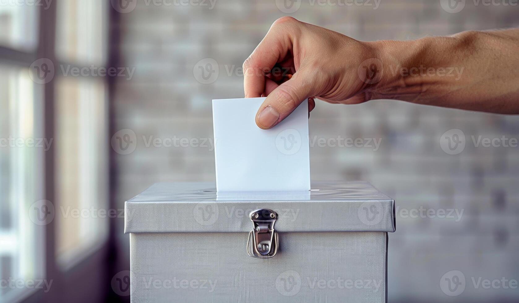 A person is putting a white piece of paper into a box. The box is silver and has a lock photo