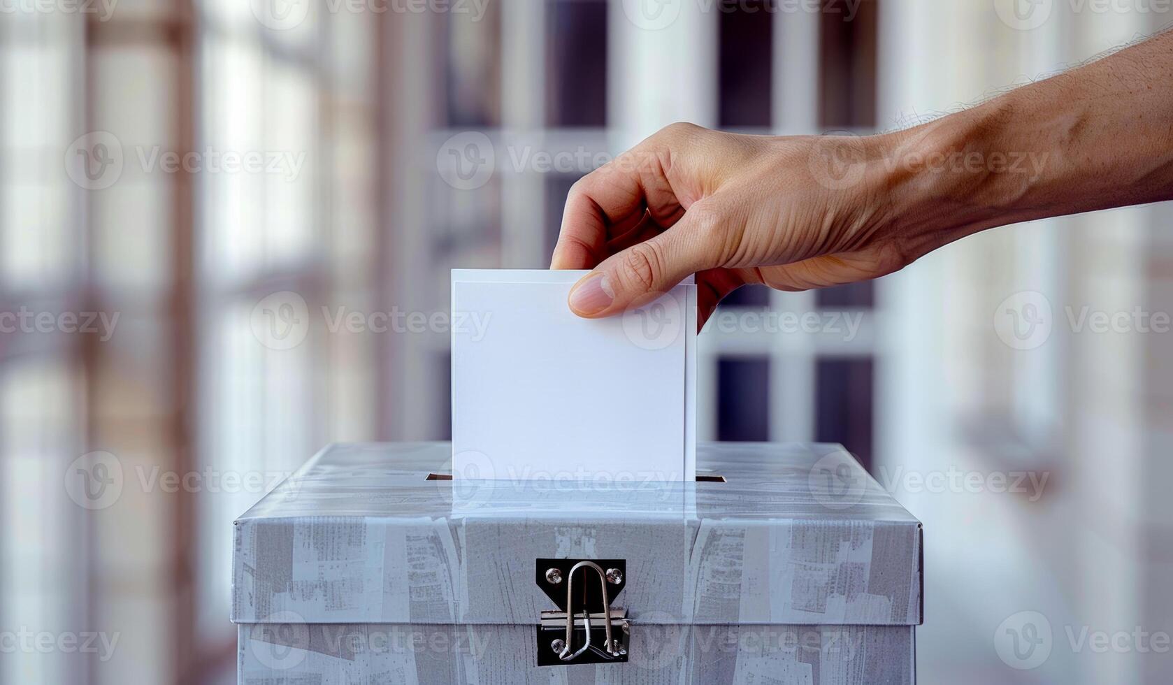 A person is putting a white piece of paper into a box. photo