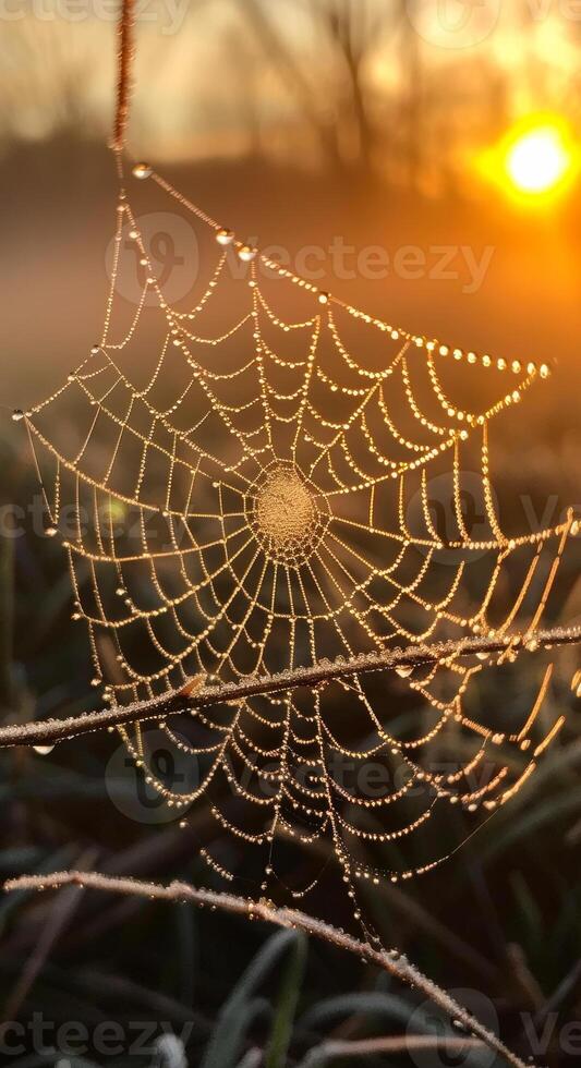 A spider web is shown in the foreground of a photo of a spider web. The web is covered in dew and the sun is setting in the background. The photo has a serene and peaceful mood