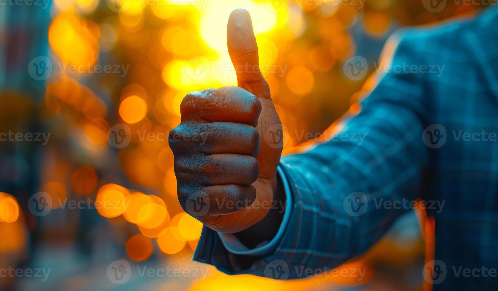 A man is giving a thumbs up gesture in front of a sunset. Concept of approval and positivity, as the man's thumbs up symbolizes his satisfaction or agreement with something photo