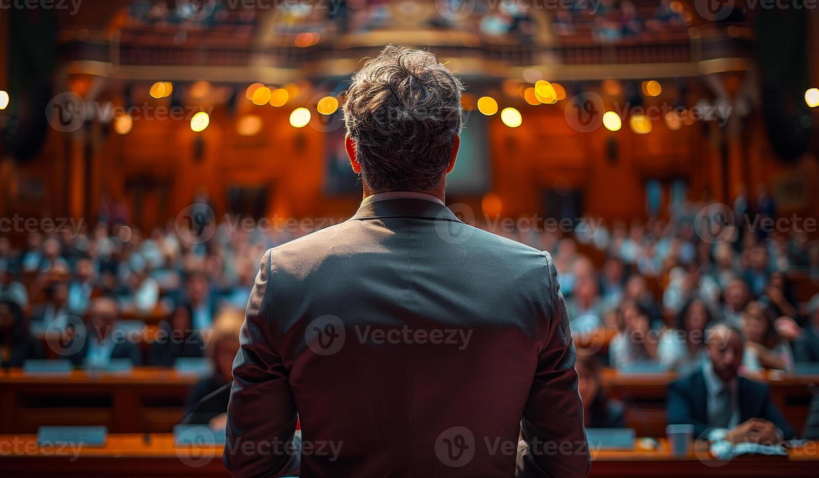A man stands in front of a crowd of people, giving a speech. The audience is attentive and engaged, with many people looking at the speaker. The atmosphere is serious and focused photo