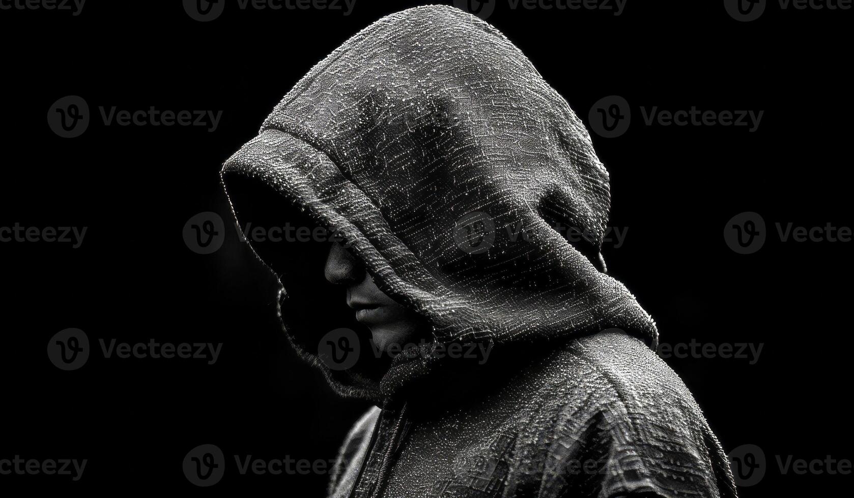 A person is wearing a hooded sweatshirt and looking down. The hood is pulled up over their head, and the sweatshirt is black. The image has a moody and mysterious feel to it photo