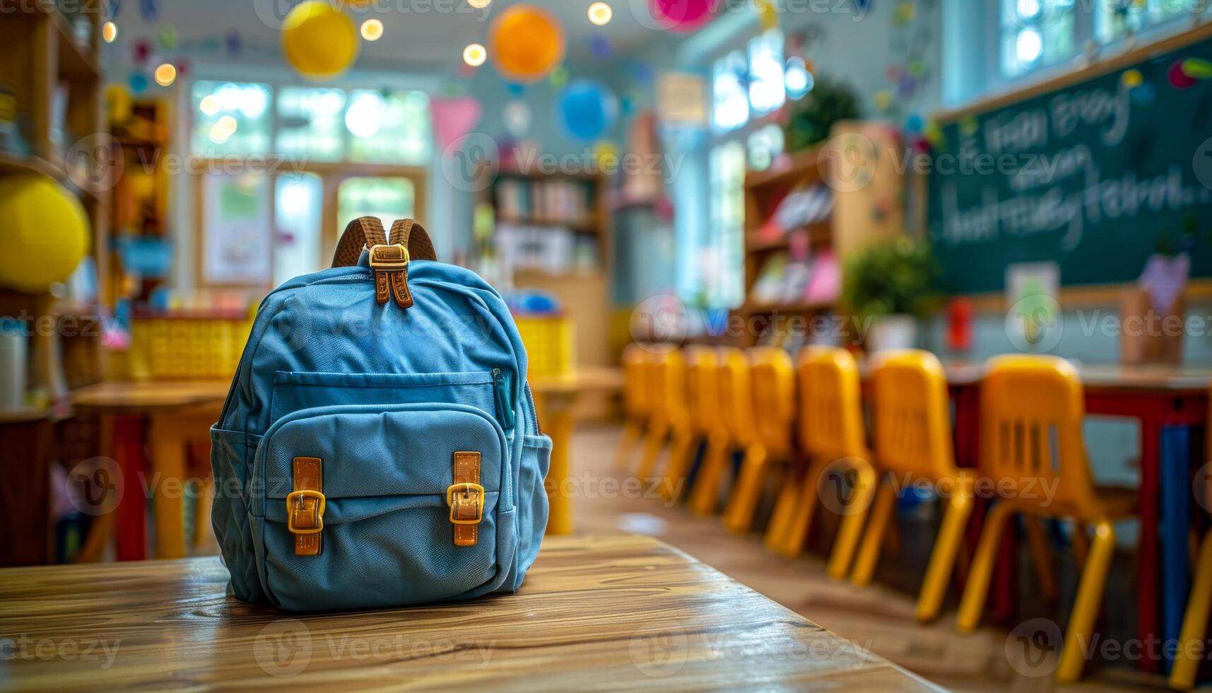 A blue school backpack sits on a wooden table in a classroom. The room is filled with yellow chairs and a chalkboard photo
