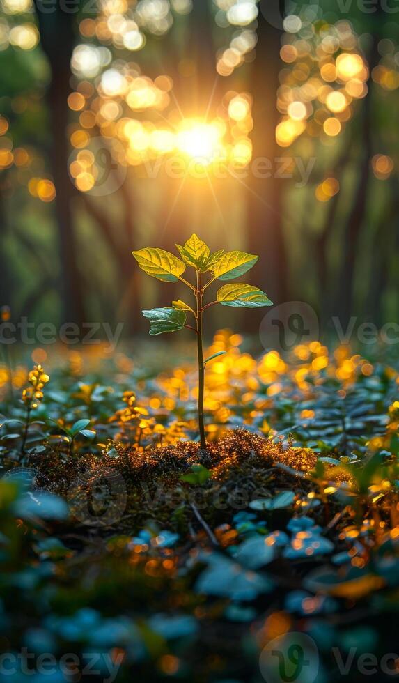 A small plant is growing in the forest. The sun is shining on it, making it look like it's glowing. Concept of growth and new beginnings, as the plant is just starting to sprout photo