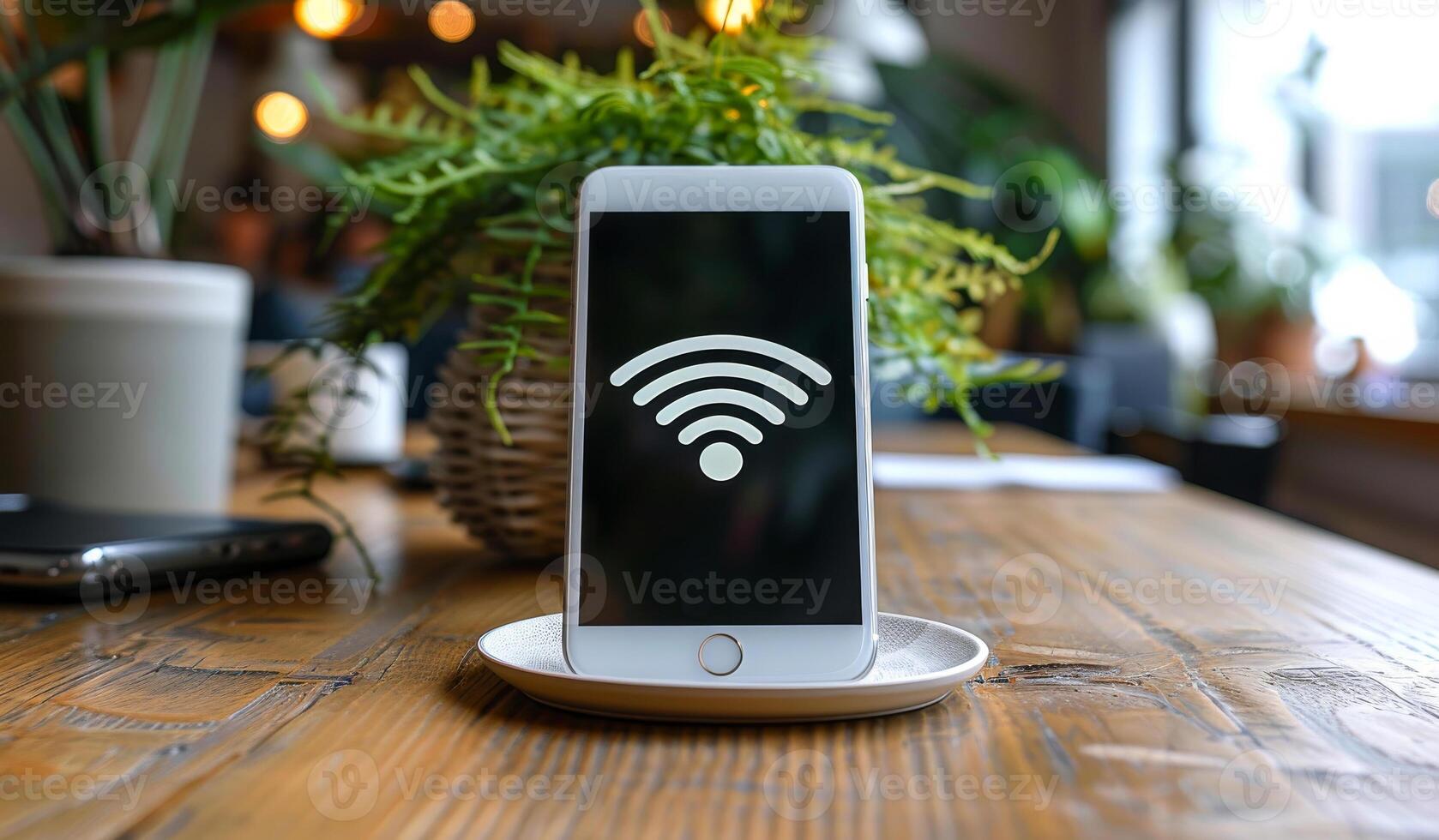 A phone with wifi written on it is sitting on a wooden table. The table is surrounded by potted plants and other items, giving the scene a cozy and relaxed atmosphere photo