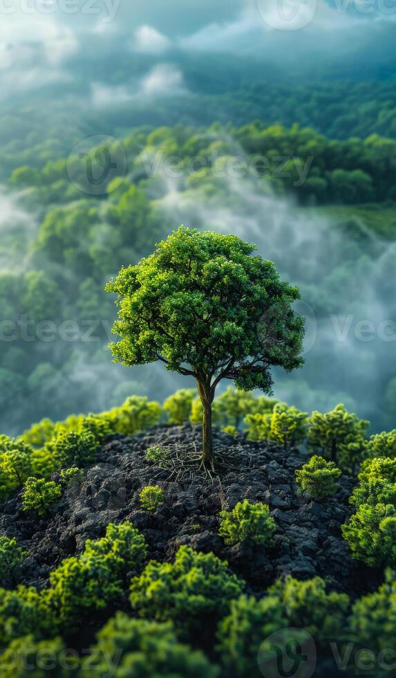A tree is growing on a hillside in a forest. The tree is surrounded by other trees and is the only one visible in the image. The sky is cloudy, and the atmosphere is peaceful and serene photo