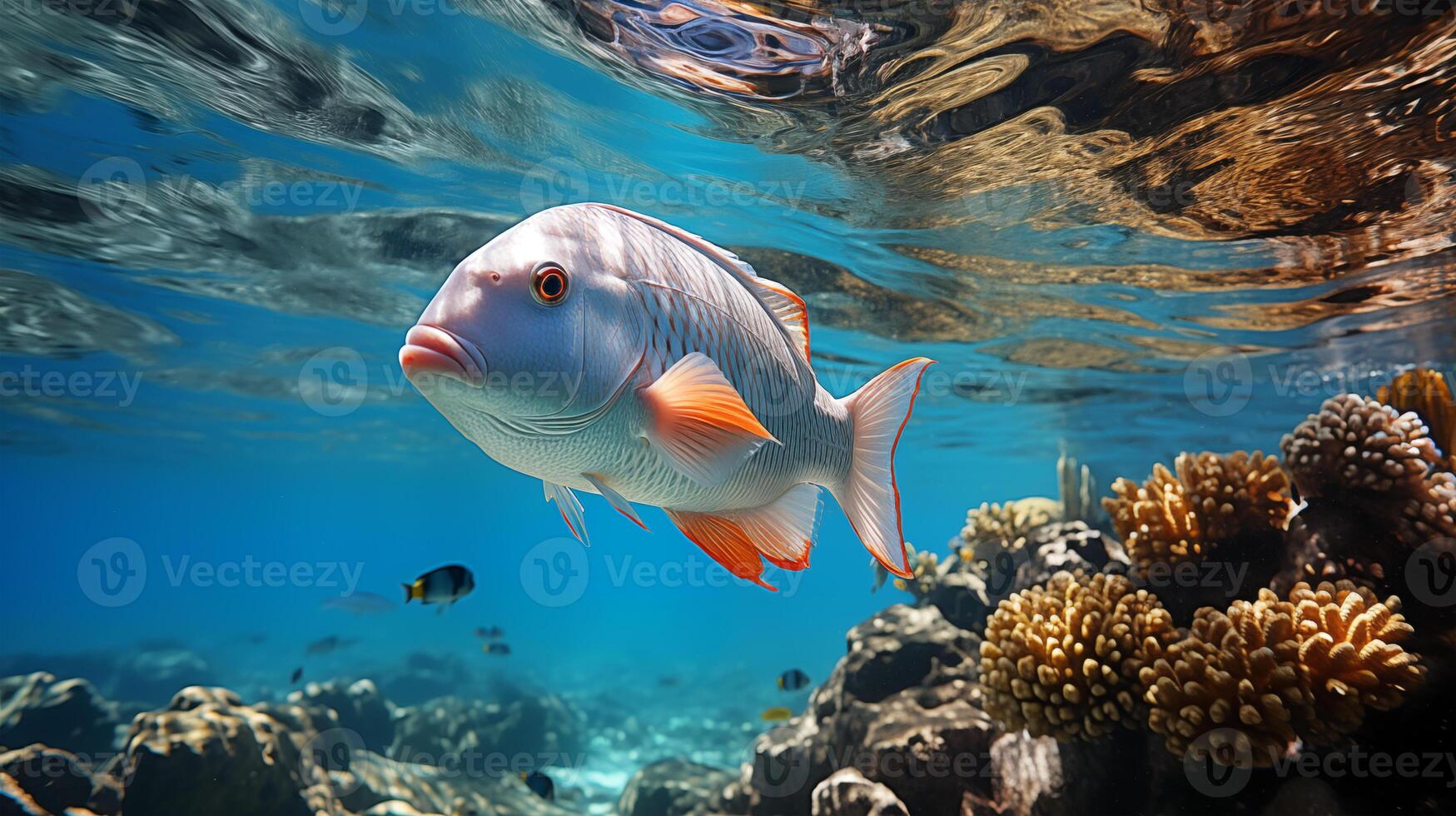 Underwater image of a tropical fish in the colorful corals photo