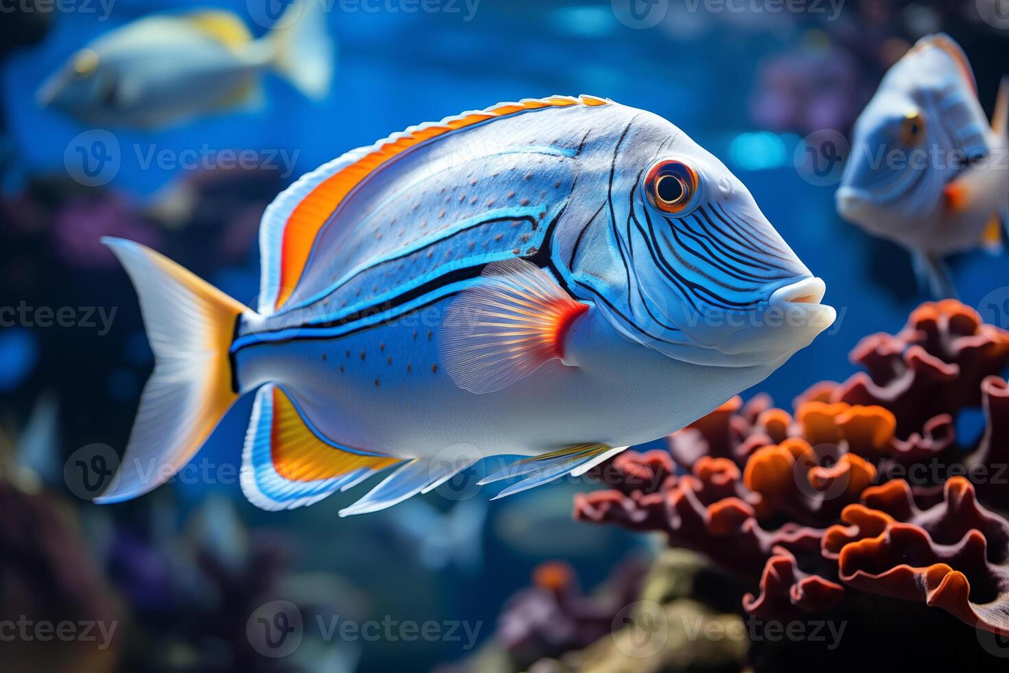 Underwater image of a tropical fish in the colorful corals photo