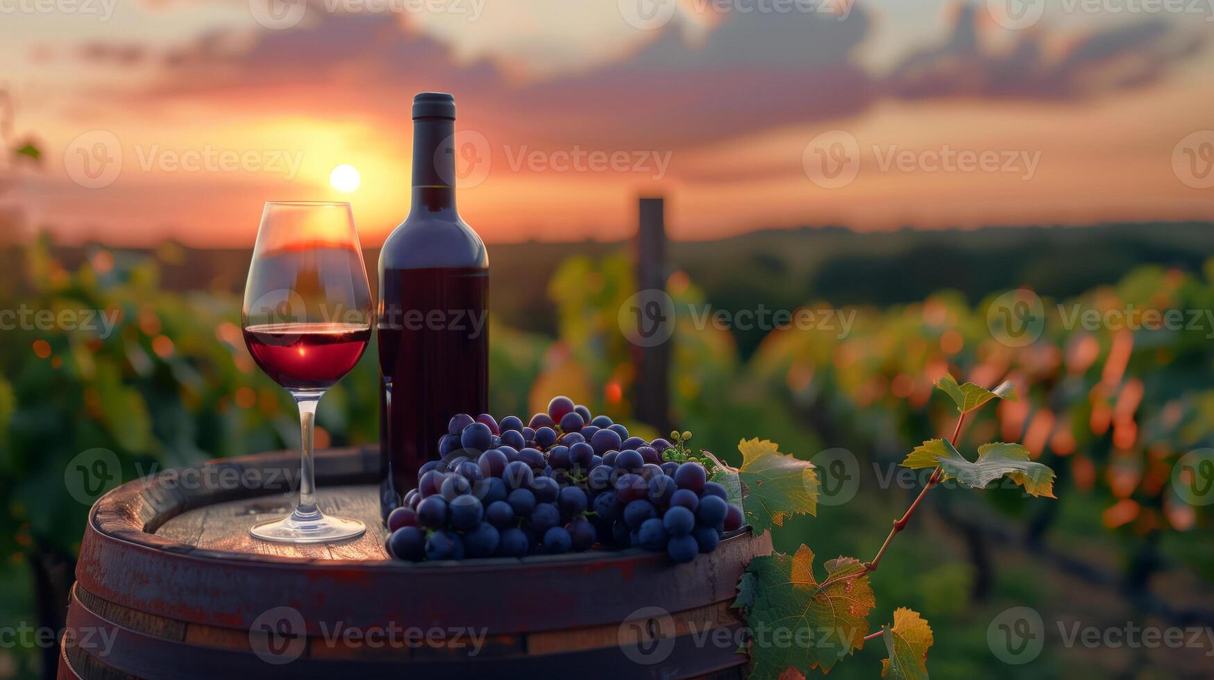 Romantic sunset with wine, grapes and appetizers with mountain landscape, gardens and vineyards on the background photo