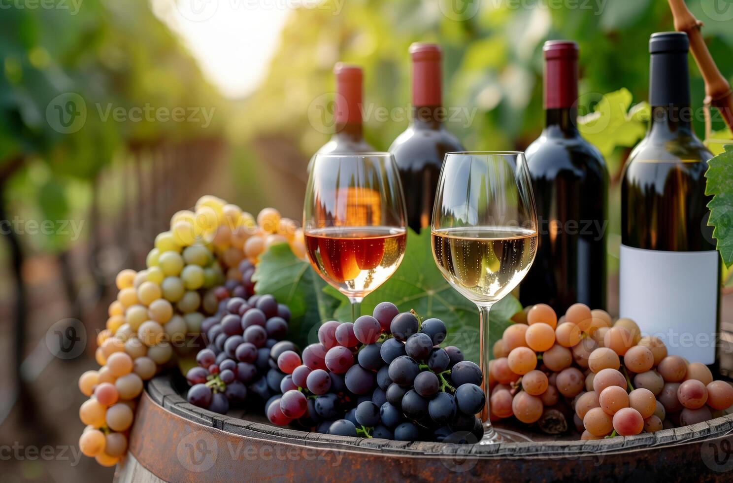 Romantic sunset with wine and grapes, with gardens and vineyards on the background photo