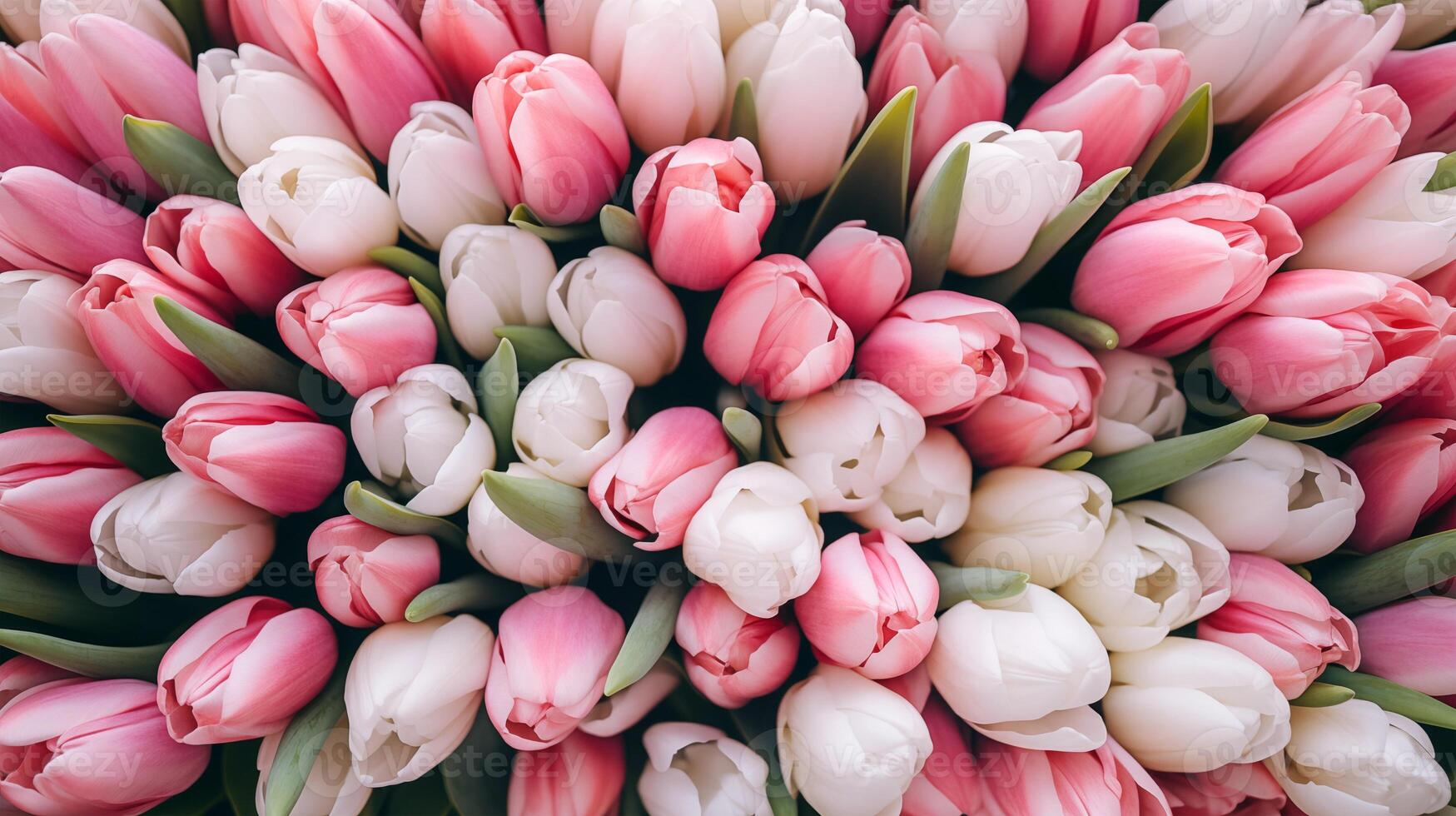 Close-up image of white and pink spring tulips photo
