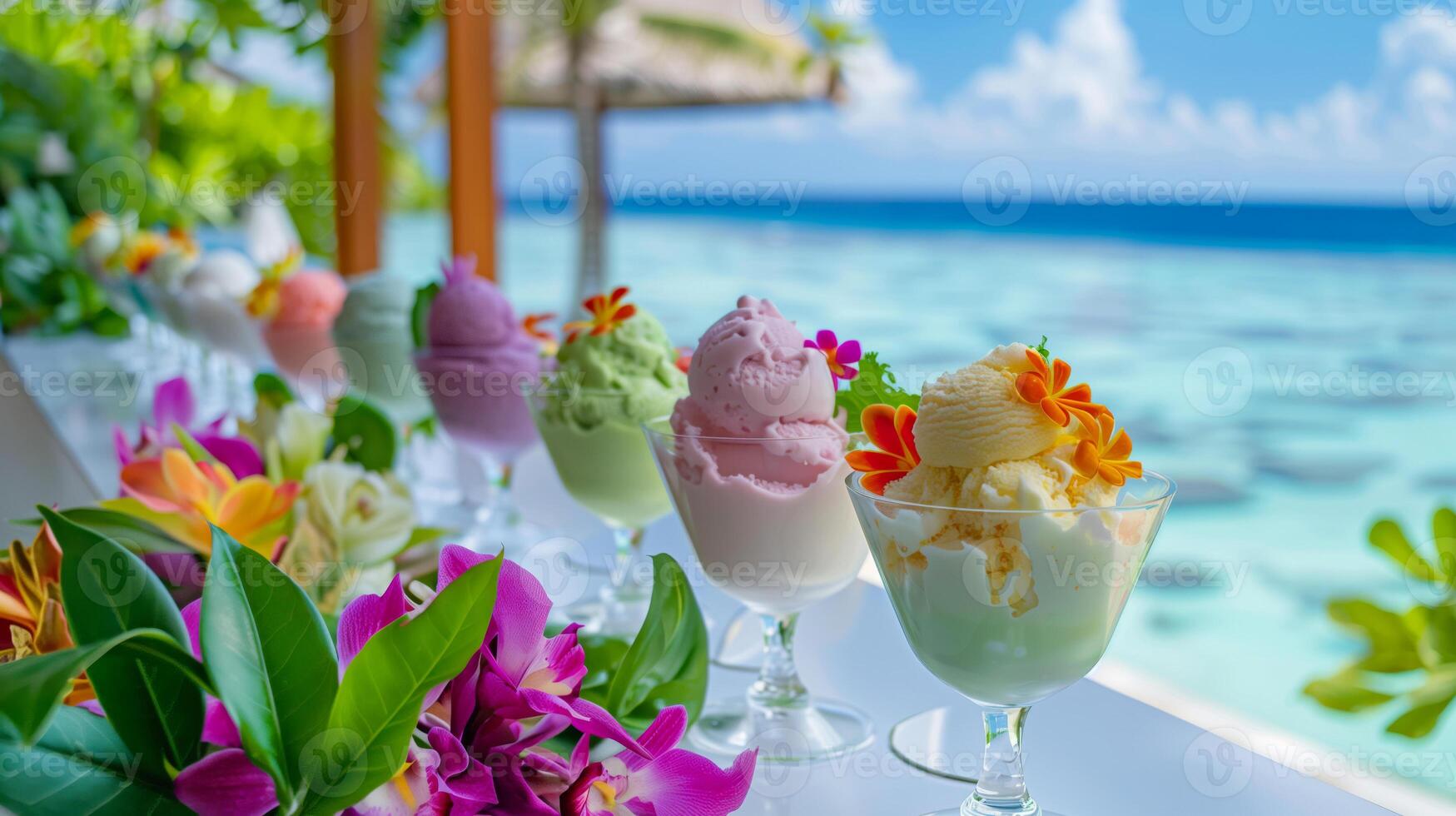 A various colorful ice cream in glasses on the background of the pool and sandy beach with blue ocean photo