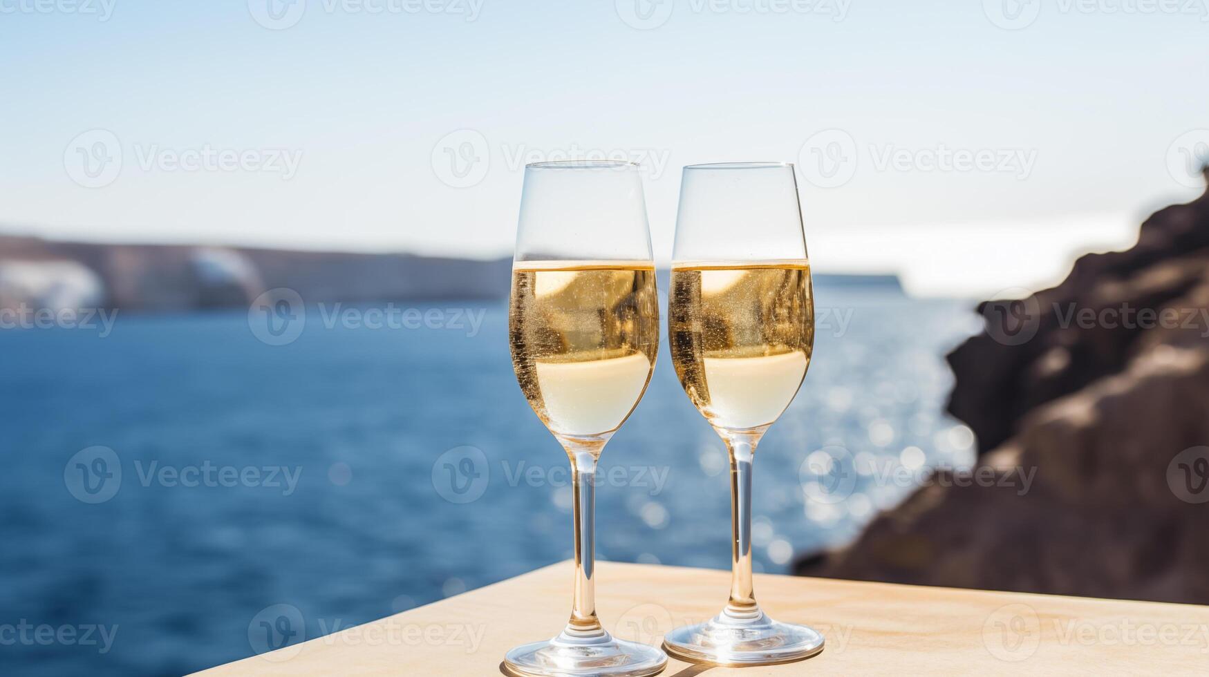 Glasses with sparkling wine on the seascape background photo