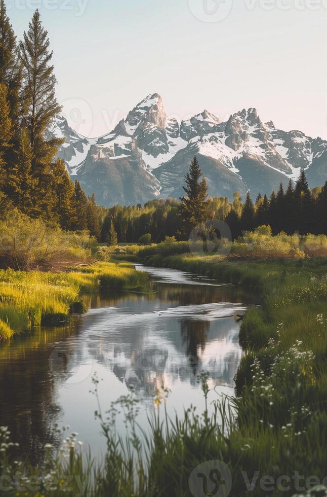 Beautiful landscape of a mountain river surrounded by a flower meadow with a view of snowy mountains photo