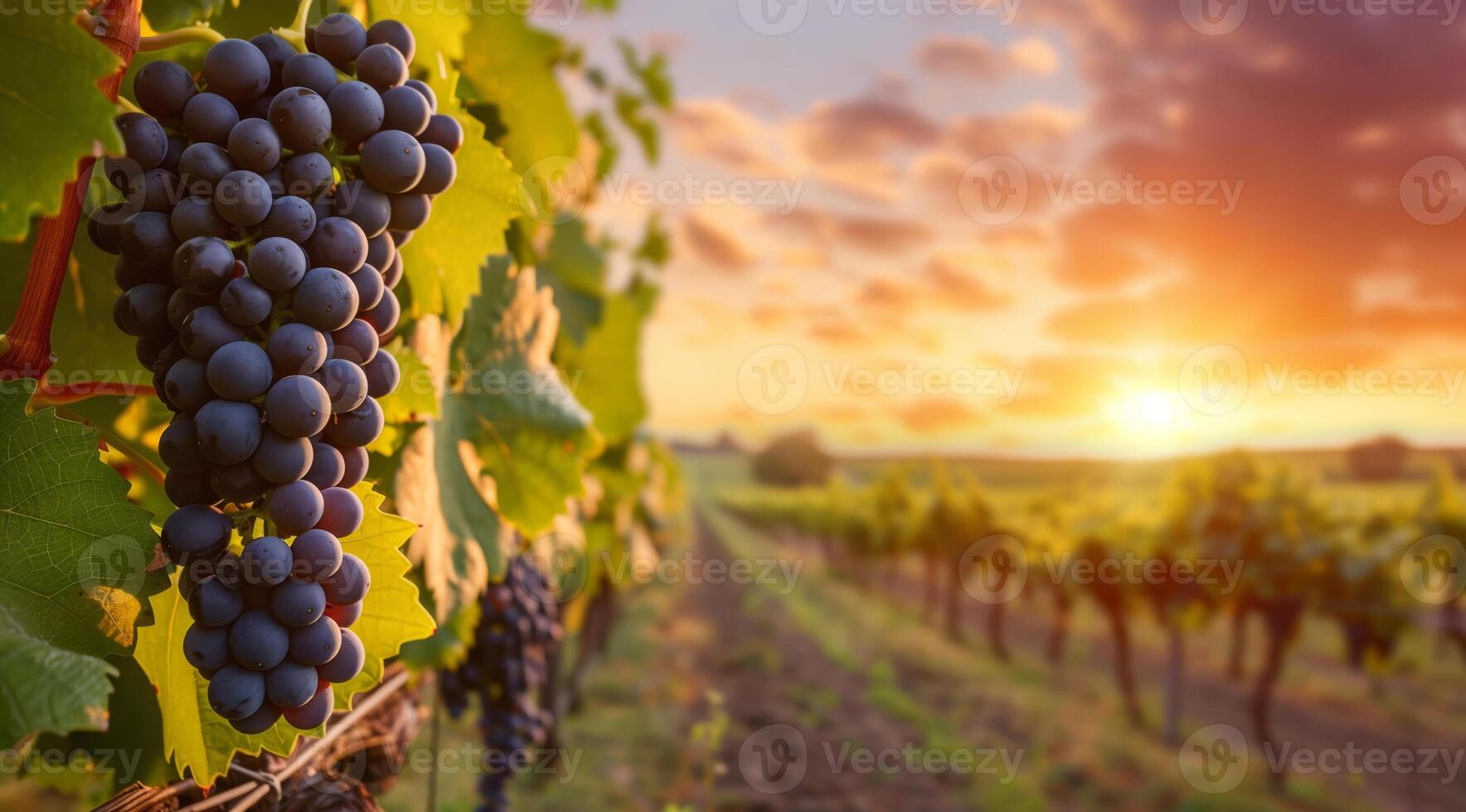 Bright ripe dark grape on a branch overlooking a sunset landscape with vineyards photo