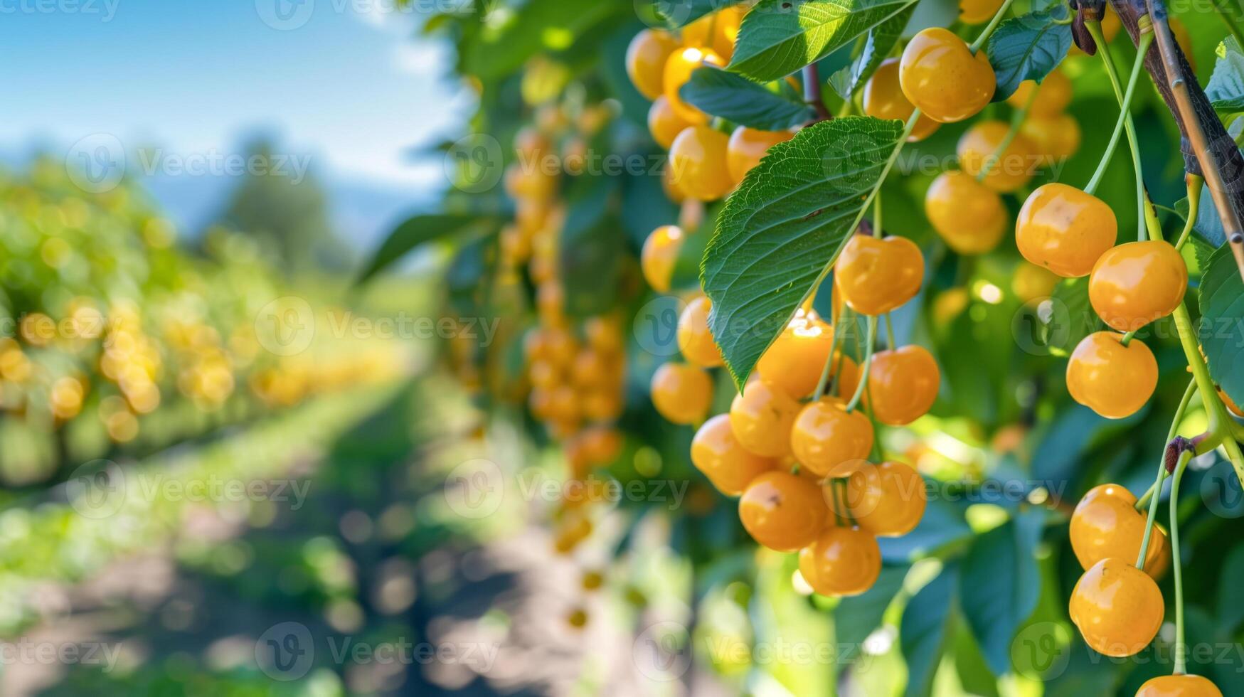 Juicy ripe yellow cherries on the branches of a tree in the garden photo