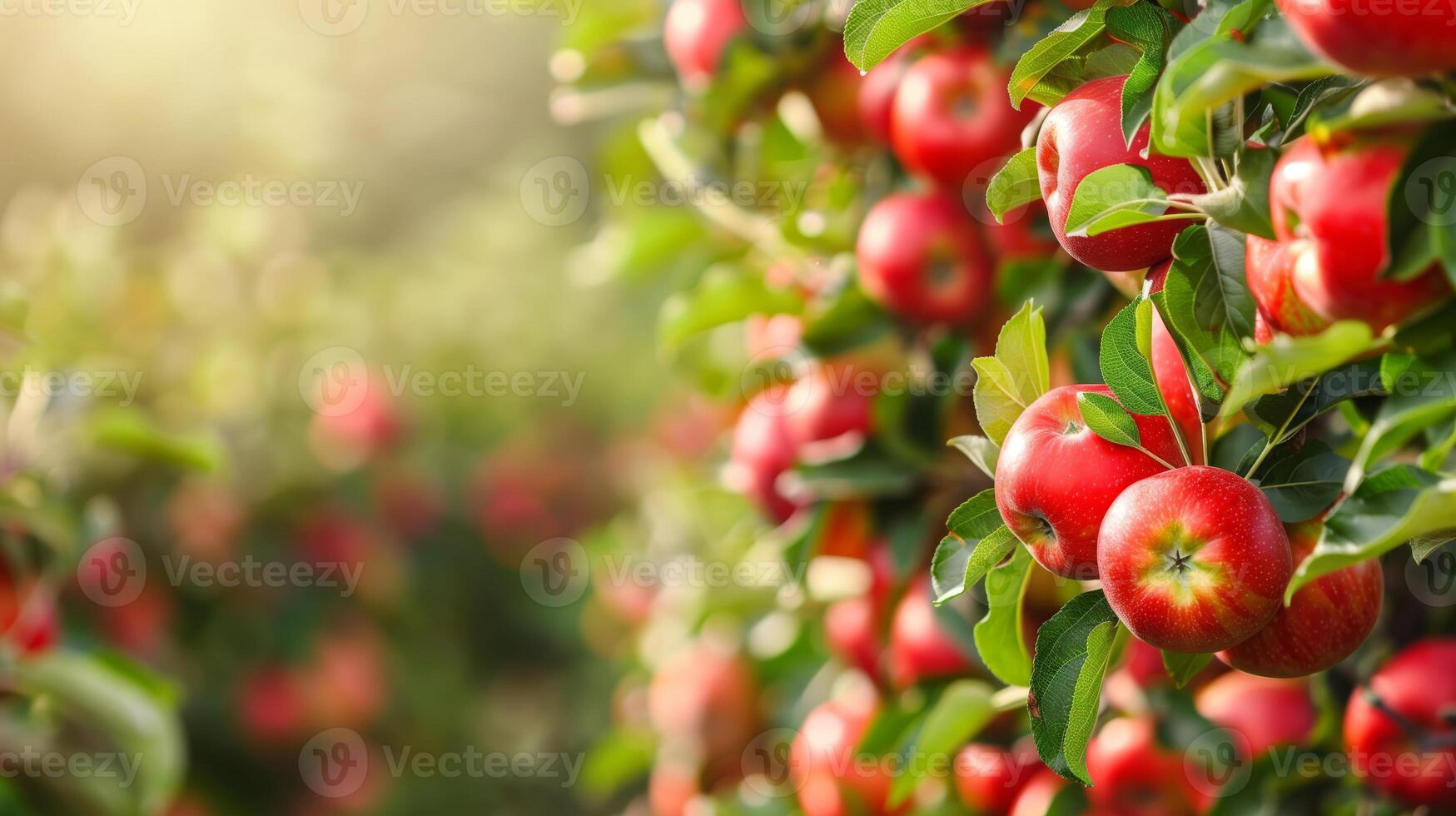 Bright red ripe apples on a tree branch in a summer garden photo