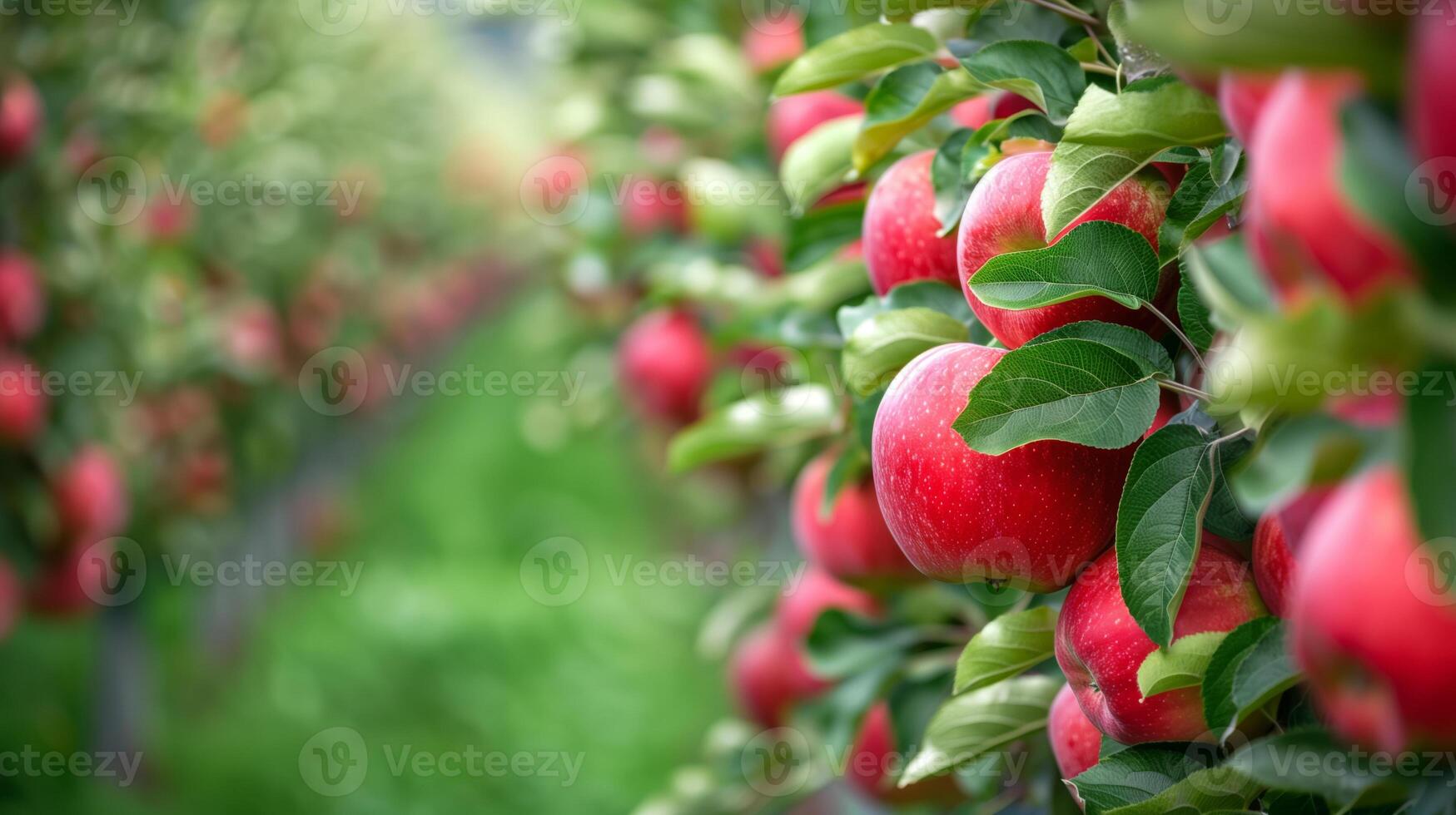 Bright red ripe apples on a tree branch in a summer garden photo
