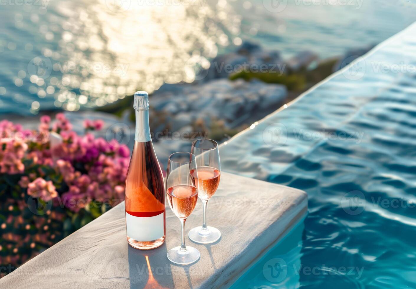 Sparkling wine in glasses and bottle against the backdrop of the pool and lounge area on the seashore photo