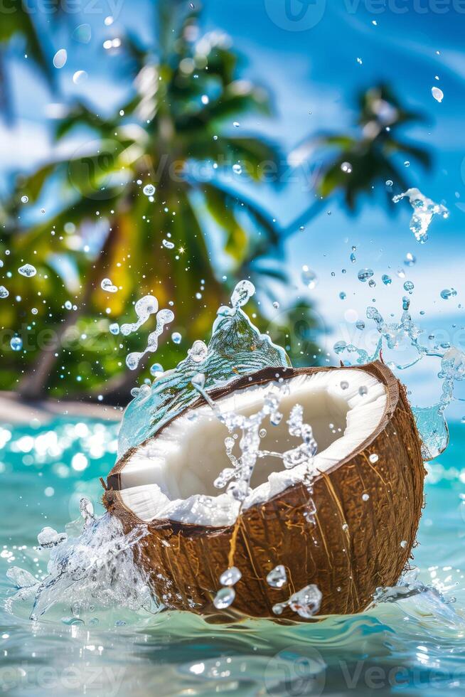 Coconut in sea splashes on the background of sandy beach and tropical palm trees photo