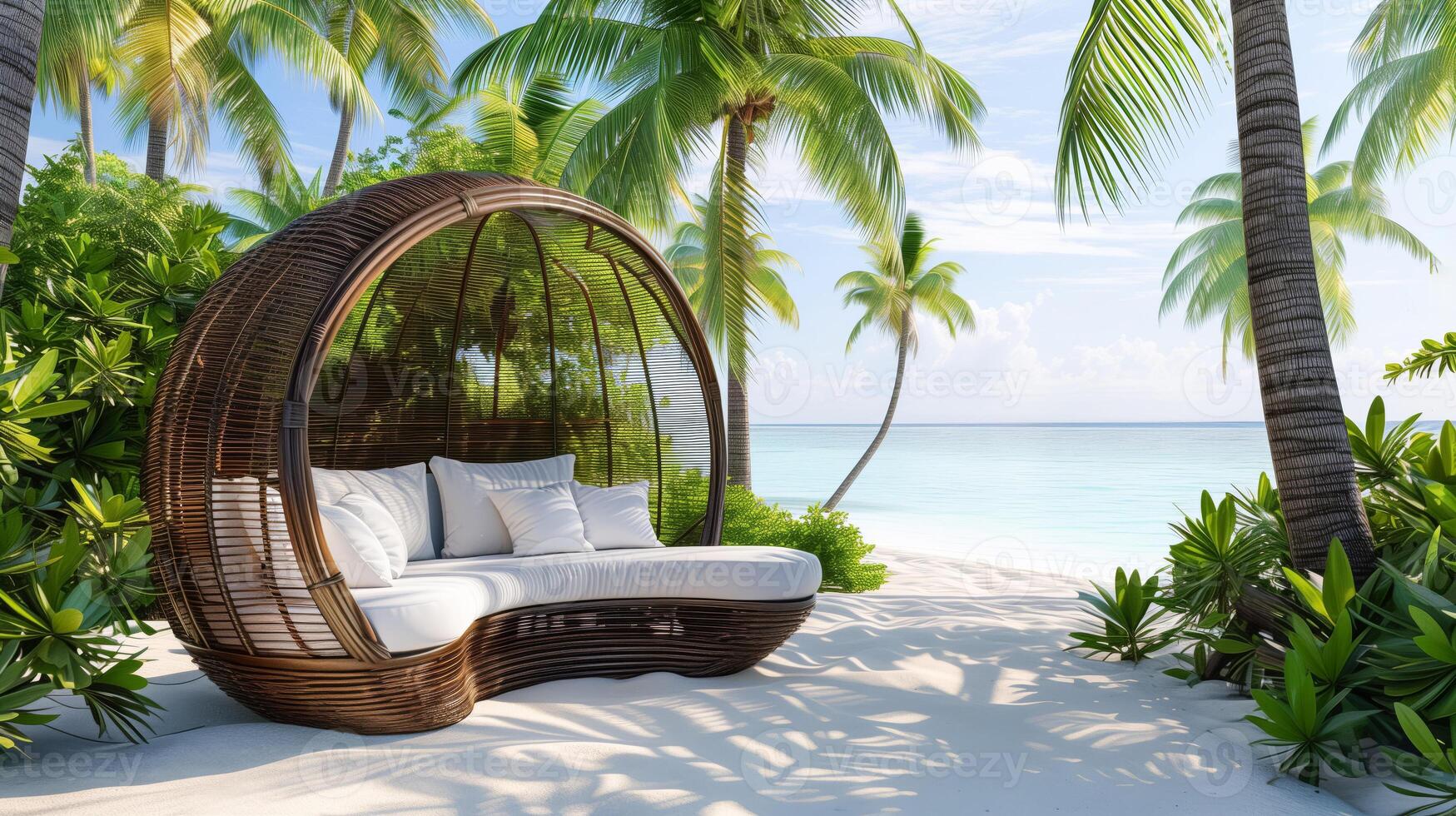 A large sun bed with white pillows on a white sand beach with tropical palms on the ocean with crystal turquoise water photo
