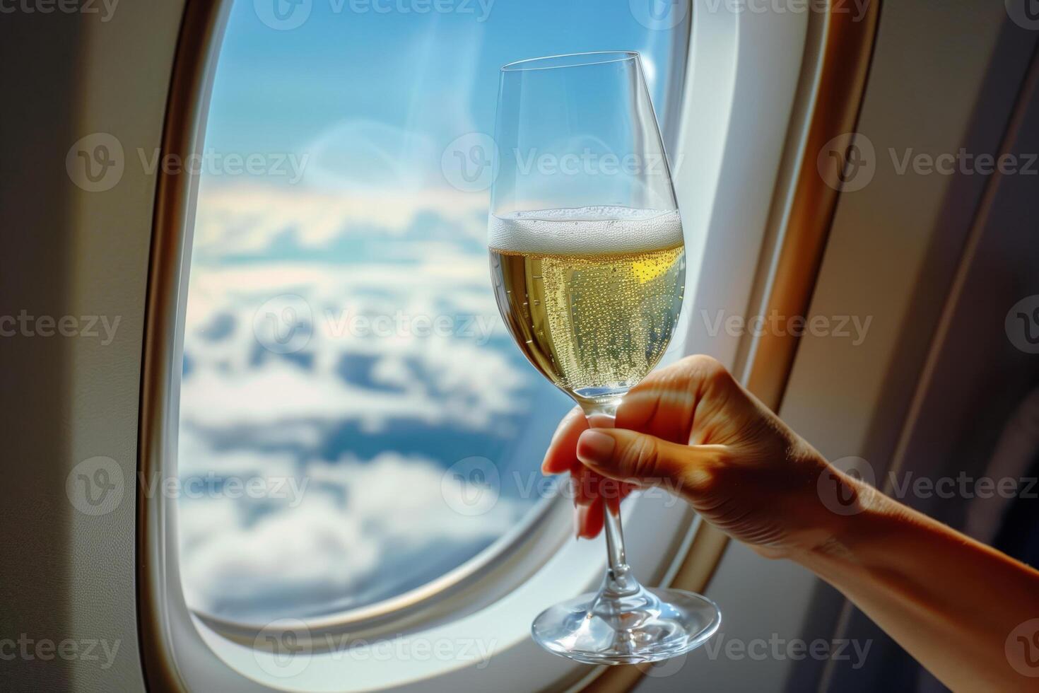 A woman's hand with a glass of champagne against the backdrop of an airplane window photo