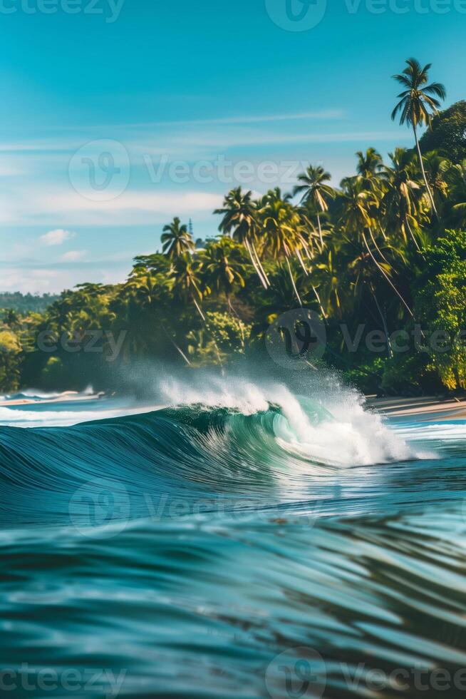 Close-up image of powerful high ocean waves on the background of a tropical island with palm trees and exotic plants photo